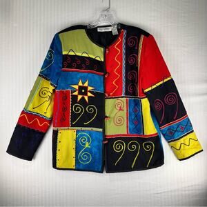 Draper & Damon’s Colorful Artsy Embroidered Patchwork Blazer Jacket Size Small